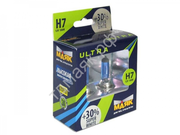 Лампа МАЯК ULTRA H7 12V 100W Px26d SUPER WHITE +30%