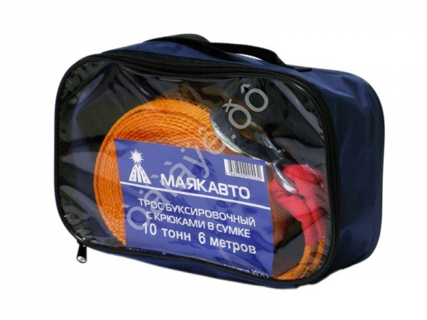 Трос буксировочный лента МАЯКАВТО™   10т, 6м, шириной 60мм с крюками в сумке /1/4