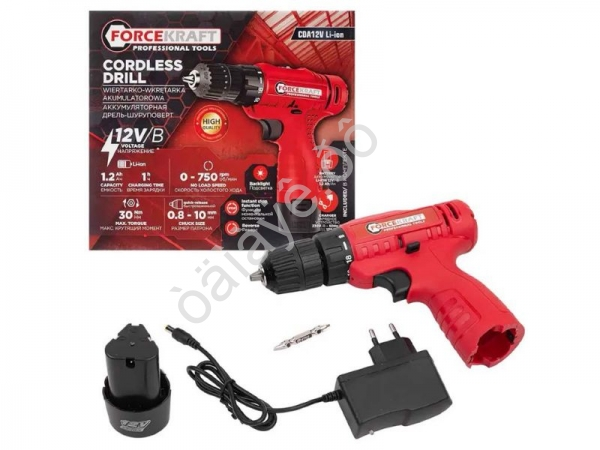 Шуруповерт аккумуляторный с подсветкой и функцией реверса (12V, 1.2Ah, 750об/мин, 30Нм, патрон 0.8-10мм) FORCEKRAFT