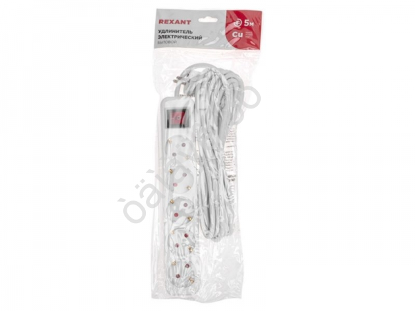 Удлинитель бытовой 5 гнезд, 5м, 3х1,0мм², с/з, с выключателем, белый REXANT Удлинитель бытовой 5 гнезд, 5м, 3х1,0мм², с/з, с выключателем, белый REXANT