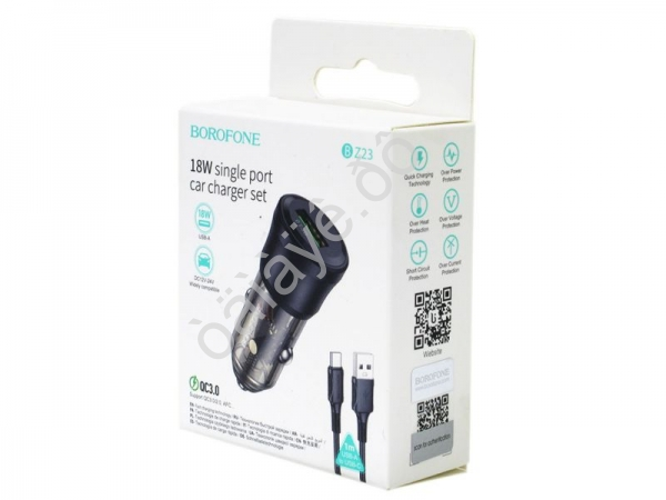 АЗУ в прикуриватель  1хUSB3.0 Quick Charger + кабель USB Type-C черный, прозрачный черный BOROFONE BZ23 /1/98