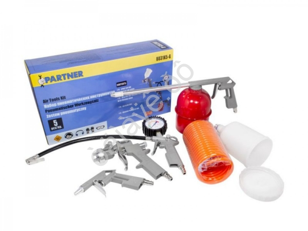 Набор пневмоинструмента 5пр. (краскопульт-сопло 1.5мм,обдувочник,подкачка,промывка+шланг 5м) Partner