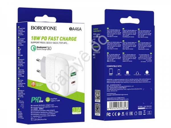 СЗУ 220В, 1USB 3.0 Quick Charger + 1PD Type-C(18W), белый BOROFONE BA46A (32шт в уп) Borofone