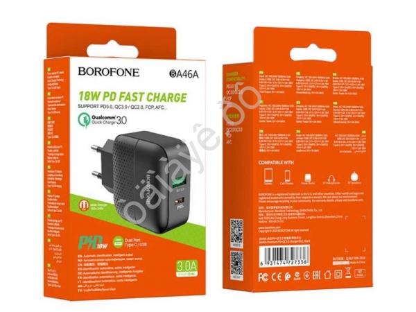 СЗУ 220В, 1USB 3.0 Quick Charger + 1PD Type-C(18W), черный BOROFONE BA46A (32шт в уп) Borofone СЗУ 220В, 1USB 3.0 Quick Charger + 1PD Type-C(18W), черный BOROFONE BA46A (32шт в уп) Borofone