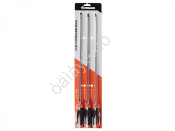 Набор из 3х удлинённых отверток с затыльником под hex: SL8*450мм, PH2*450мм, PH3*450мм ЕРМАК Набор из 3х удлинённых отверток с затыльником под hex: SL8*450мм, PH2*450мм, PH3*450мм ЕРМАК