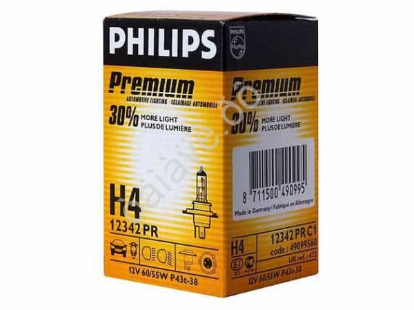 Лампа PHILIPS H4 12V60/55W+30% P43t 12342PR /1/10/100 Лампа PHILIPS H4 12V60/55W+30% P43t 12342PR /1/10/100