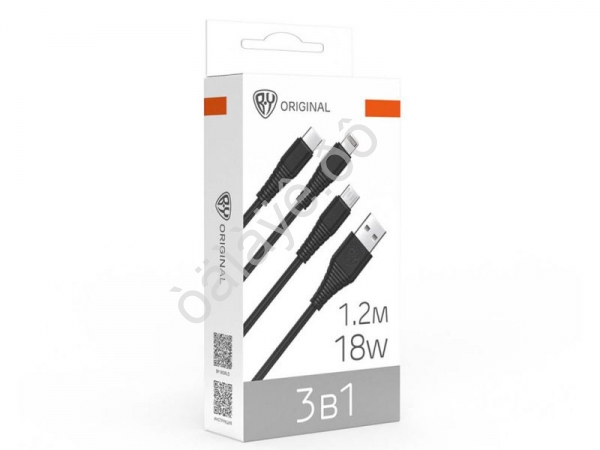 USB кабель 3в1 USB(A)-Type-C/microUSB/iP BY Base, 18W, 1,2 м, 3A, PVC, чёрный